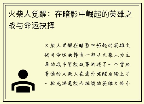火柴人觉醒:在暗影中崛起的英雄之战与命运抉择 火柴人觉醒:在暗影中崛起的英雄之战与命运抉择